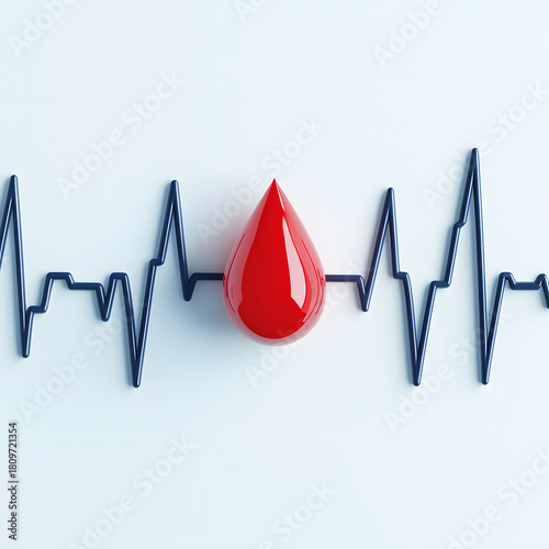 Gota de sangre con línea de electrocardiograma como concepto de salud y diagnóstico médico