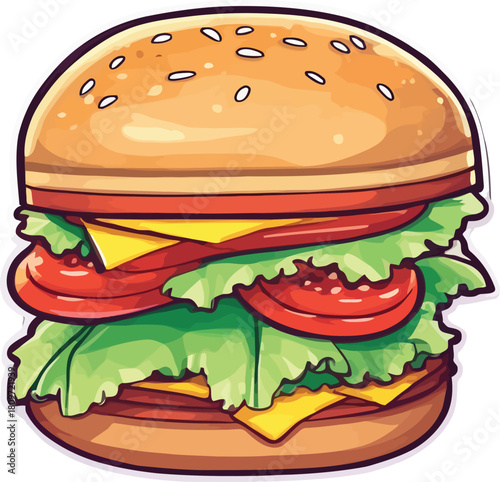 Hamburger on white background with bun cheese lettuce and tomato