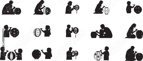 Silhouettes of people decorating lanterns for new year Vector