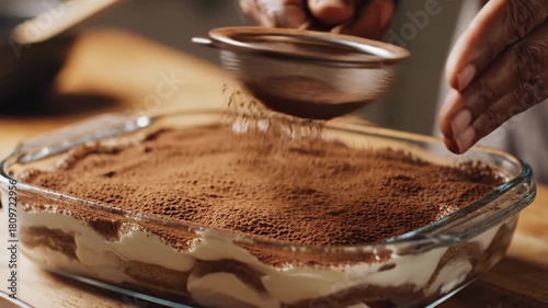 Experienced Hands Delicately Sift Rich Cocoa Powder Over a Creamy Homemade Tiramisu Dessert