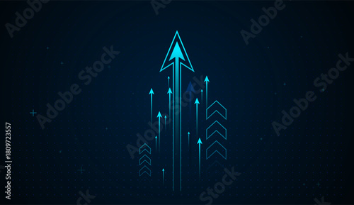 A futuristic neon-blue arrow rises sharply upward, surrounded by multiple glowing arrows that symbolize growth, acceleration, and forward-moving technological progress
