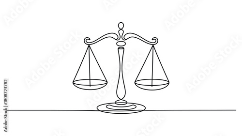 minimalist line art of balance scale with symmetrical pans and circular base, symbolizing justice, fairness, and equality