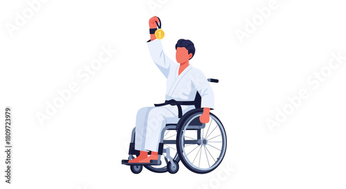 Adaptive Karate Champion in Wheelchair Raising Kettlebell in Victory Isolated