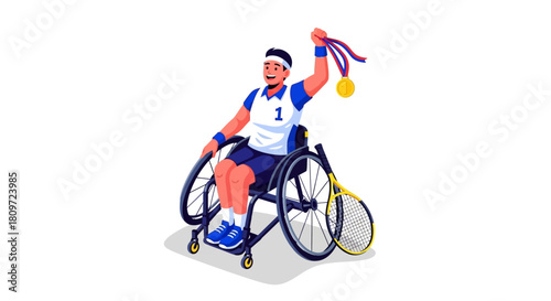Wheelchair Tennis Champion Celebrating Victory with Gold Medal