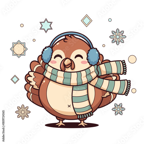 Cute cartoon turkey wearing earmuffs and a scarf in a winter scene.