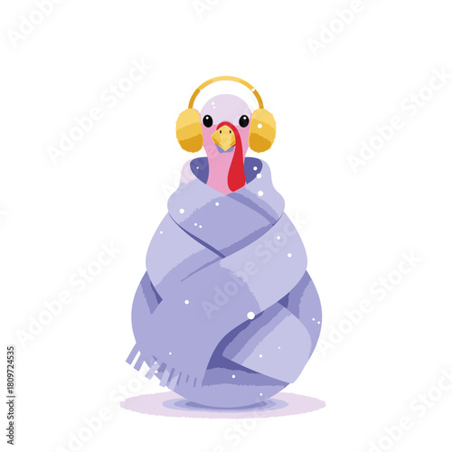 A cute cartoon turkey character bundled up in a warm purple scarf and yellow earmuffs for winter.