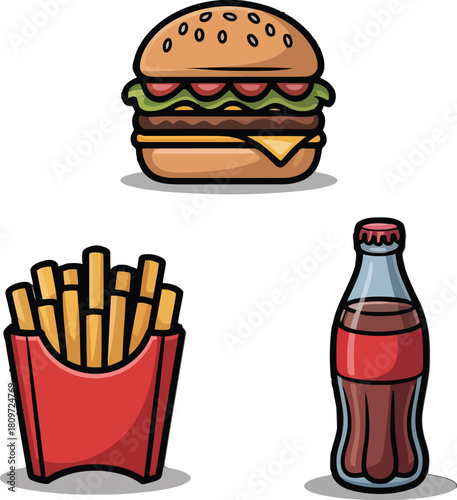 Fast food icons set with burger pizza sandwich drinks and soda vector illustration