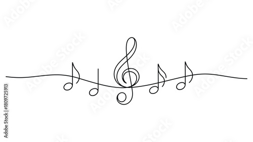 minimalist line art of treble clef and musical notes in continuous stroke style, symbolizing music, melody, and creativity