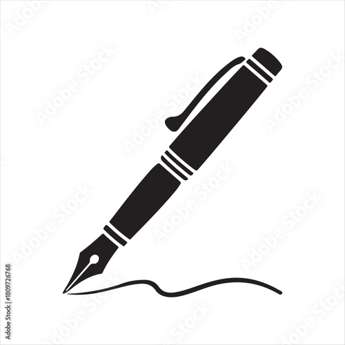 Elegant fountain pen silhouette with ink line on white background