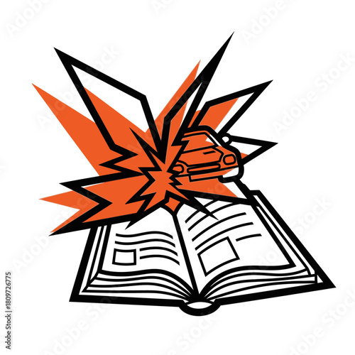 An open book with a car exploding out of it, symbolizing the impact of automotive knowledge or stories.