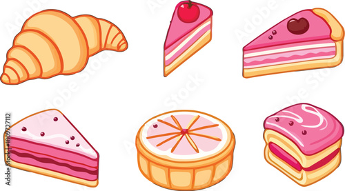 Set of colorful cakes and desserts vector illustration