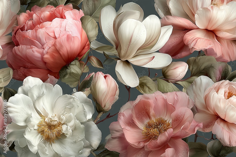Fototapeta premium Chic and elegant seamless pattern with large blooming peonies and magnolia flowers, soft pastel colors