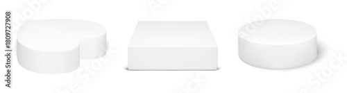 3d white platform set with round cylinder, heart and square cube for product display stand. Circle pedestal, love shape and box base in realistic minimal rendering style. Studio mockup vector