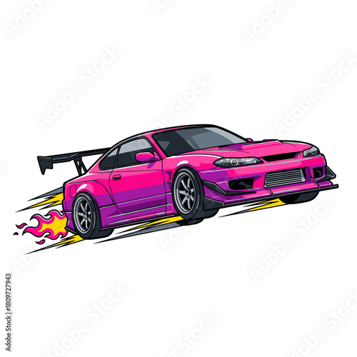 A vibrant pink and purple sports car with a large rear spoiler, depicted in a dynamic, drifting motion with flames trailing from the exhaust.