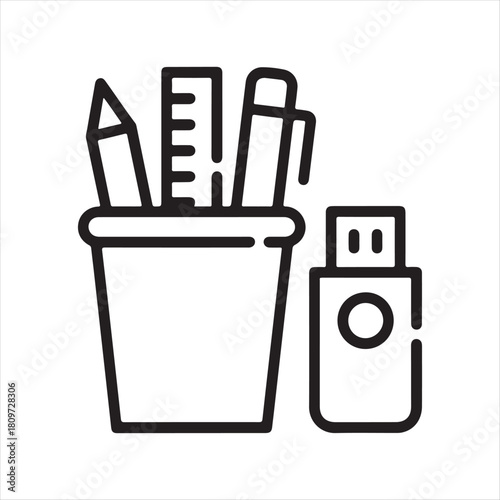 Office supplies and usb drive in minimalist black and white line art