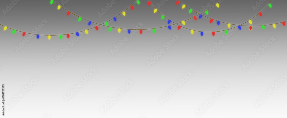 Fototapeta premium Multicolor garland lights festive party swag overlay cheerful curved accent event celebration border