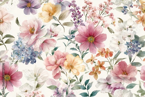 Chic and elegant seamless pattern watercolor pattern with delicate pastel-colored flowers and foliage arranged organically against a white background