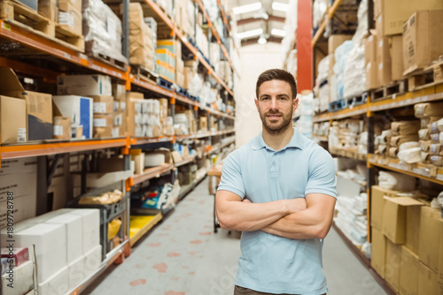 Man in late 20s wearing light blue polo standing in warehouse aisle among shelving and boxes