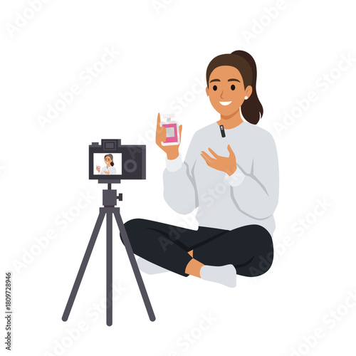 Female Vlogger Recording Video Review of Beauty Product on Tripod Camera. Flat vector illustration isolated on white background