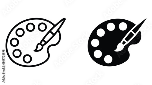 minimalist artist palette icons with paintbrush, solid and outline styles for creative, painting, and art design themes