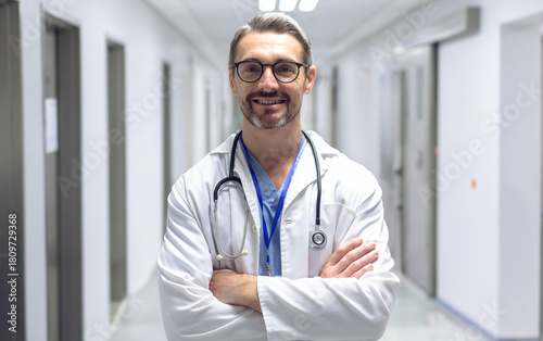 Male physician standing with arms crossed in hospital corridor wearing lab coat and stethoscope