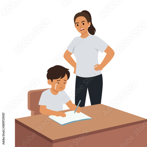 Mother Scolding Child Doing Homework. Flat vector illustration isolated on white background