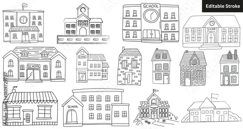 "Set of 14 Cute School Building Doodle Set – Hand-Drawn Schoolhouse Icons (Editable Stroke)"