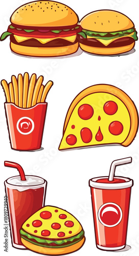 Fast food icon set collection with burgers pizza drinks and snacks