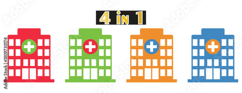 Medical Hospital Building Icon Set, Healthcare Facility with Cross Symbol