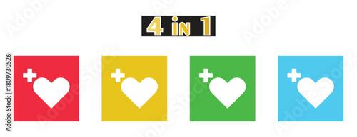 First Aid and Medical Health Icon Set, Heart Symbol with Plus Sign in Square, Colorful Flat Design for Emergency Services