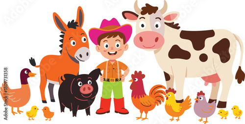 Cute cartoon farmer boy with farm animals, friendly livestock illustration, happy child on farm, cow pig donkey chicken duck scene