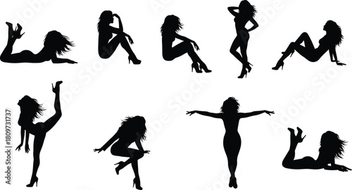 Female silhouette vector, stylish woman pose, black figure illustration, seated standing dancing posture, artistic body shape, gesture design reference