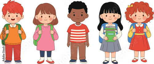 Cartoon children standing together, diverse outfits and accessories, school kids with backpacks, books, and smiles, educational vector for inclusive learning themes