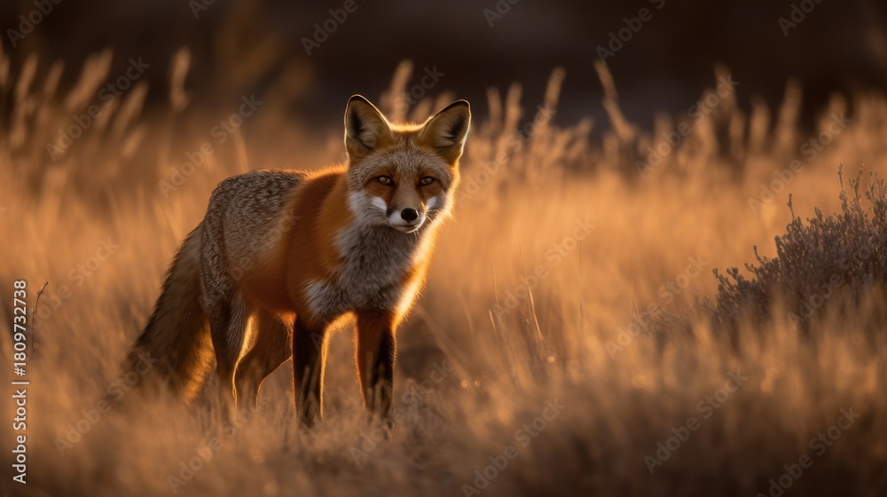 Fototapeta premium Red fox standing in golden grass at sunset