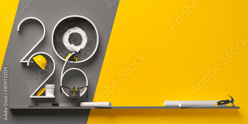 Creative 2026 New Year design template on engineering, construction and maintenance theme. 3d render illustration for a greeting card, calendar or banner.