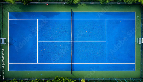Aerial View of Blue Tennis Court, Green Surroundings, Outdoor Recreation