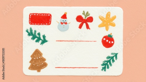 Christmas themed decorative elements: snowman, bow, star, ornament, holly, tree, red label, green foliage on textured background, suitable for wallpaper, poster, banner, festive design