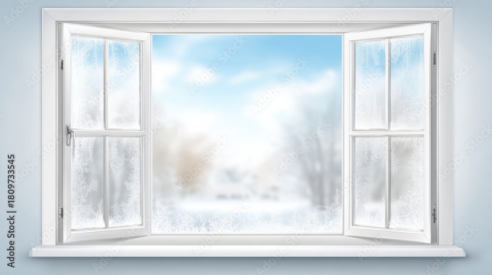 Fototapeta premium A frosted window pane reveals a serene winter landscape beyond, with soft snowflakes and a cloudy blue sky.
