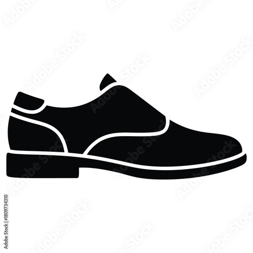 A simple black and white illustration of a classic men s dress shoe