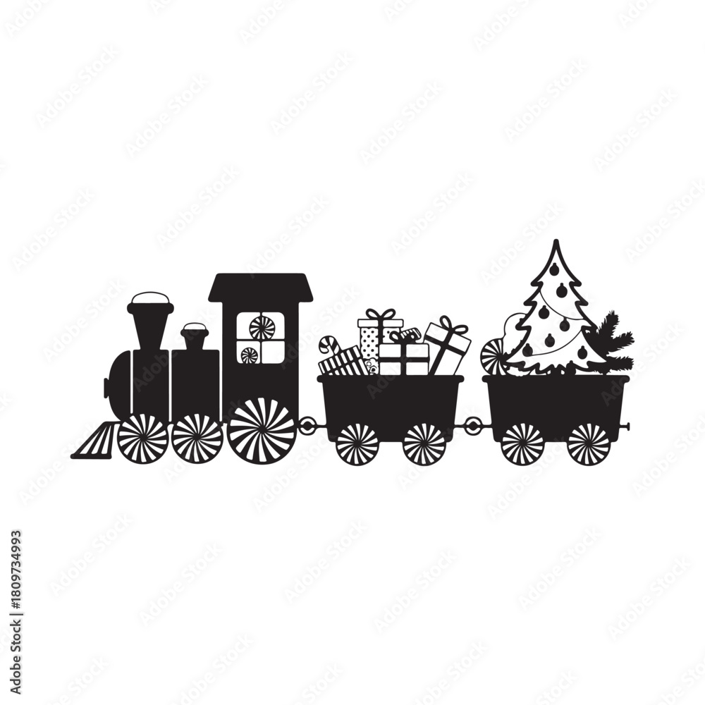 Naklejka premium Christmas toy train silhouette carrying festive gifts and tree Vector