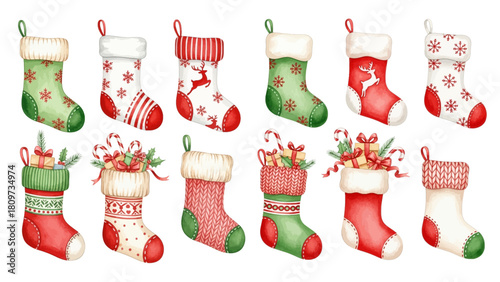 A festive collection of watercolor Christmas stockings in red, green, and white, with various patterns like snowflakes and reindeer, some filled with gifts.