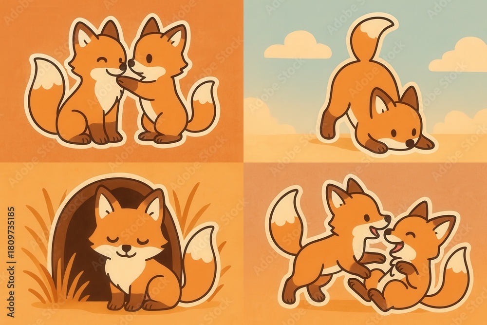 Naklejka premium Playful fox duo engaging in joyful antics, showcasing curiosity and companionship, while exploring their surroundings in a fun and whimsical illustration style