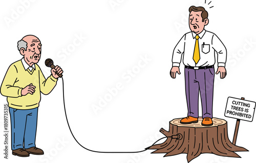 Cartoon illustration of ironic tree stump speech, environmental awareness, forest protection, public speaking, humorous concept, nature conservation, vector art, editorial use