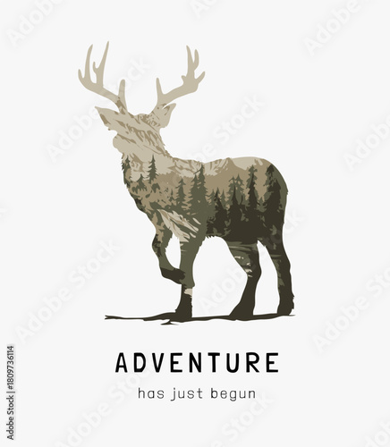 adventure slogan with alpine mountain view in deer silhouette vector illustration