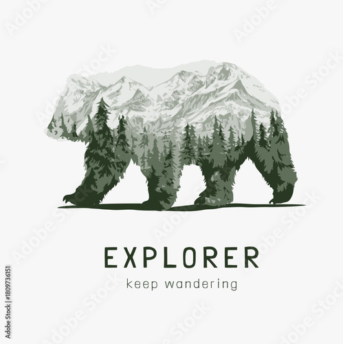 explorer slogan with alpine mountain view in bear shape vector illustration