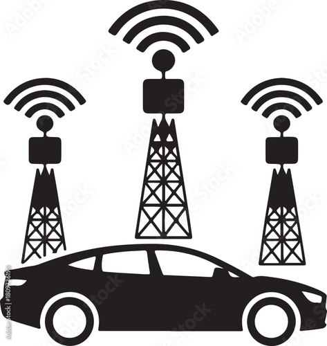 Infographic of 5G network towers linking to autonomous vehicles. Flat black silhouette editable vector illustration