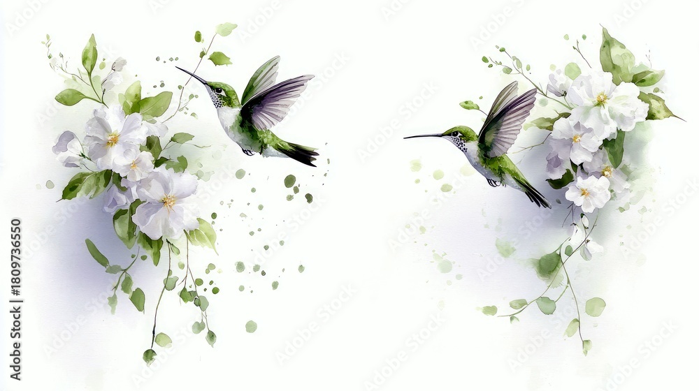 Fototapeta premium Two vibrant green hummingbirds are depicted in mid-flight, hovering near clusters of delicate white flowers and lush green foliage.
