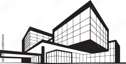 Black and white graphic of a modern angular building with large windows architecture