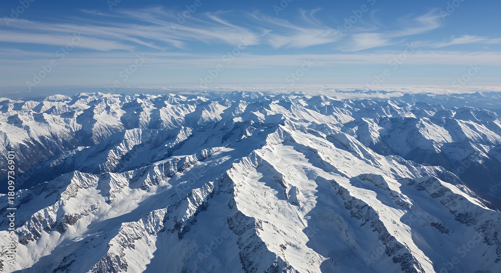 Fototapeta premium Snowy Mountain Range Under Blue Sky in Winter Scenic Landscape