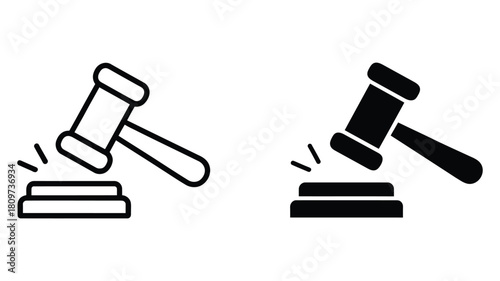 minimalist gavel icons depicting legal judgment and justice, outlined and solid styles with motion lines for law, courtroom, and auction themes